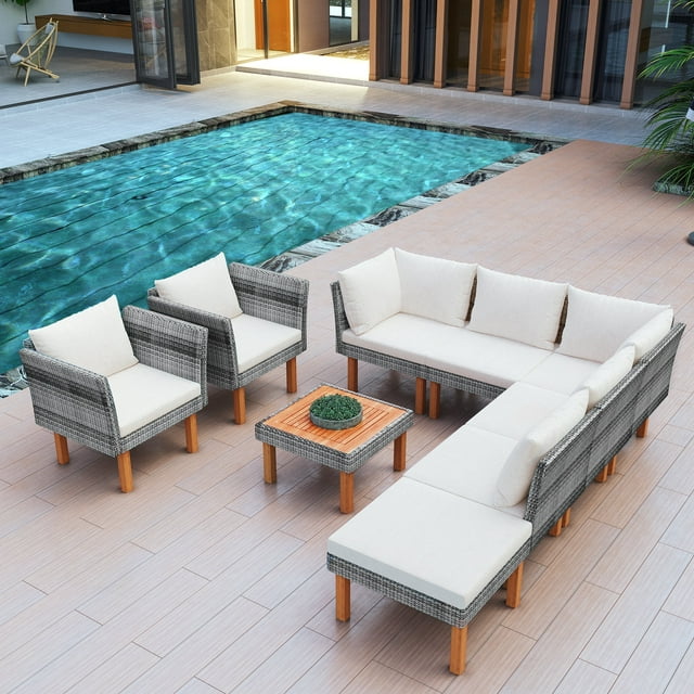 Abanopi 9-Piece Outdoor Patio Garden Wicker Sofa Set, Gray PE Rattan Sofa Set, with Wood Legs, Acacia Wood Tabletop, Armrest Chairs with Beige Cushions