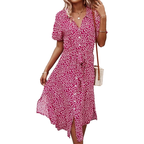 Women's Summer Fashion Floral Print V-neck Wrap Knee Length Dress Sleeveless V-neck High Waist Sweet Dress
