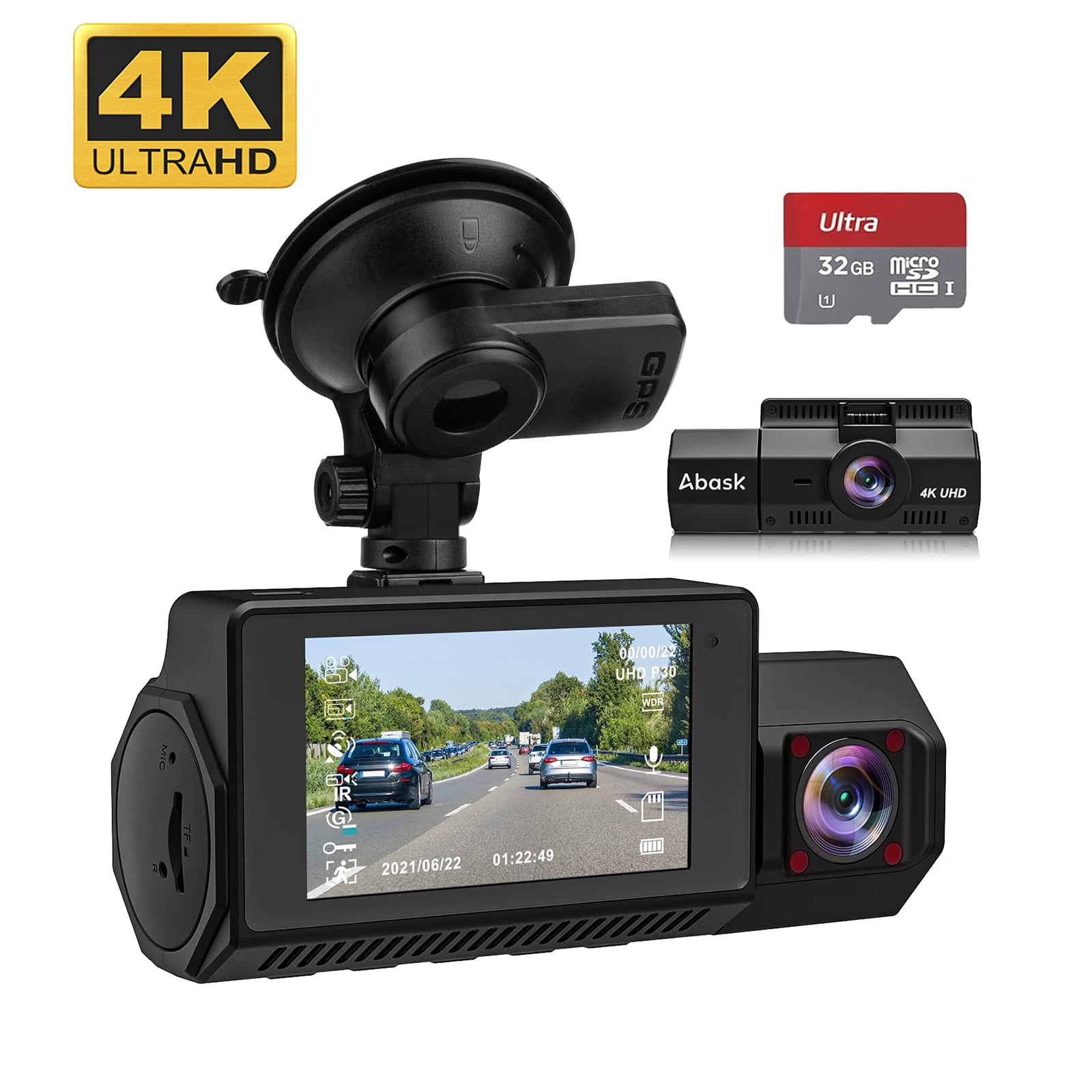 Abask A8 Dashcam Front and Inside 4K 1080P Dual cam - Angle 170°/140° With Night  Vision，GPS，Parking Mode，G-Sensor，Loop Recording，WDR - With 32GB Card 