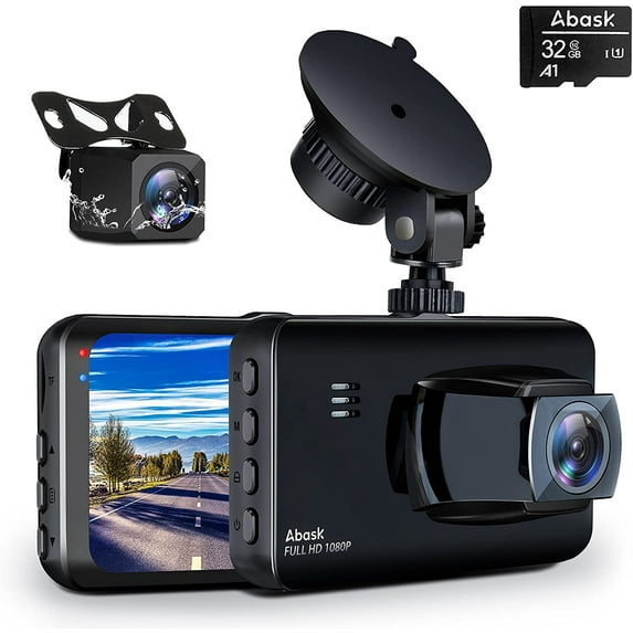 Abask Dash Cam Front and Rear with 32G SD Card,1080P+1080P Dash Camera for Cars,Front 170° Wide Angle + Rear 140° 4 inch Display