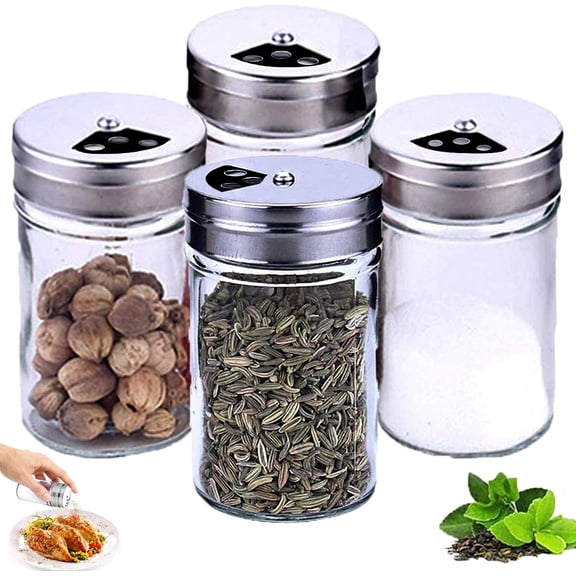 Abastado Spice Jars 4 Spice Jars & Clear Storage Jars with Lid - 100ml Airtight Storage for Tea Cereals Dried Fruits Pet Food Glass/Stainless Steel/Plastic