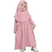 Abaya And Headscarf Set For Girls Pure Color Robe With Hijab Baby Girl Summer Outfit Toddler 4Y-5Y