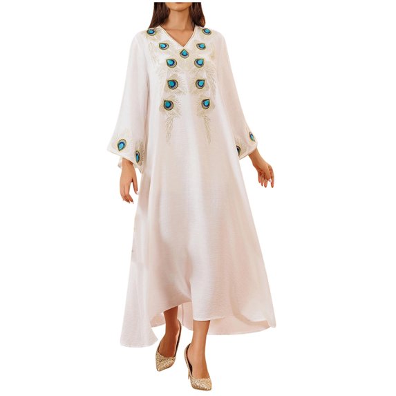 Abaya Embroidery Long Sleeve Floor Length Turkish Abaya for Women V Neck Muslim Islamic Ramadan Prayer Jilbab Robe