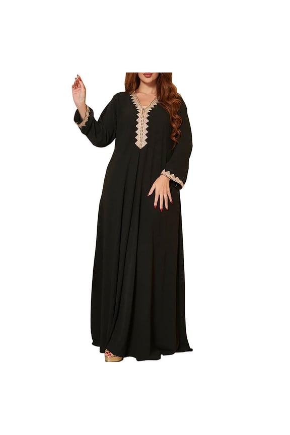 Abaya Embroidery Long Sleeve Floor Length Turkish Abaya for Women V Neck Muslim Islamic Ramadan Prayer Jilbab Robe