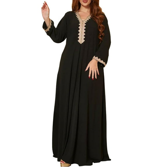 Abaya Embroidery Long Sleeve Floor Length Turkish Abaya for Women V Neck Muslim Islamic Ramadan Prayer Jilbab Robe