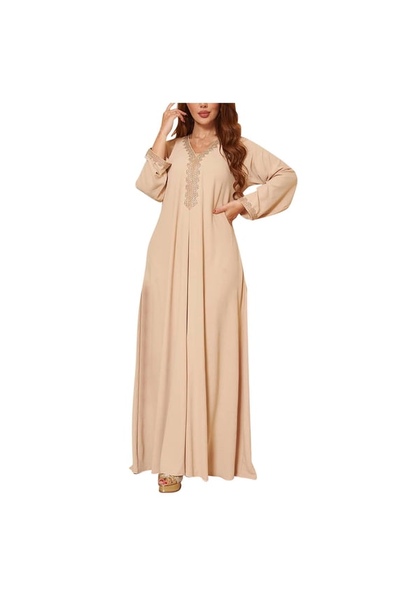 Abaya Embroidery Long Sleeve Floor Length Turkish Abaya for Women V Neck Muslim Islamic Ramadan Prayer Jilbab Robe