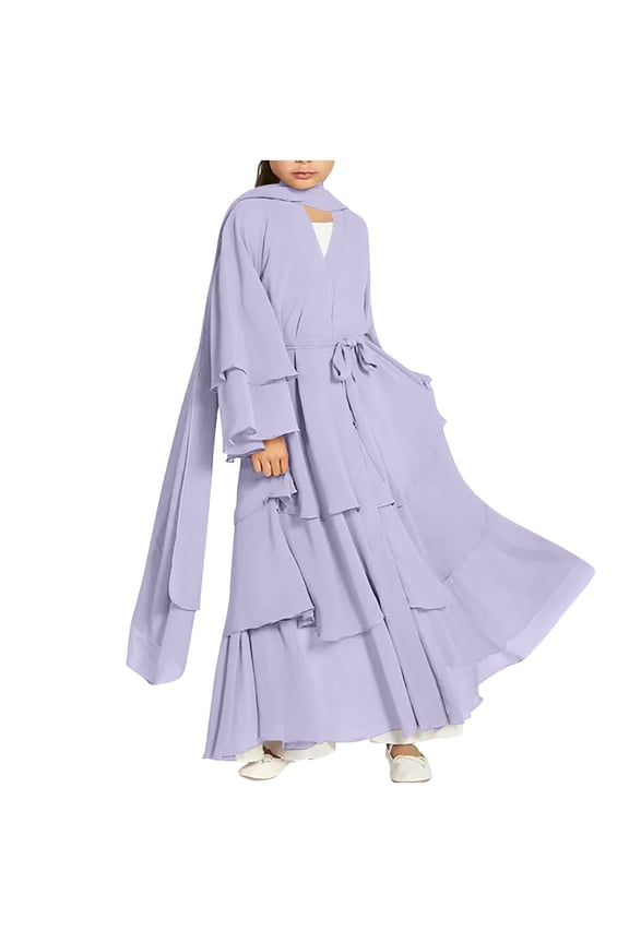 Abayas Dress for Girls Muslim Dress with Hijab Flowy Layered Chiffon Islam Kaftan Robe Open Front Cardigan Prayer Dress