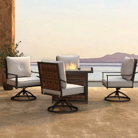 Abba Patio 5-Piece Outdoor Conversation Set w/ Fire Pit Table, 360 Swivel Chairs & Cushions for Garden Backyard Deck