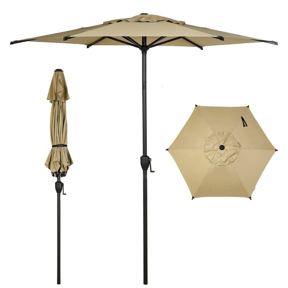 Abba Patio 7.5ft Outdoor Patio Umbrella w/ Push Button Tilt and Crank, 6 Ribs, Brown