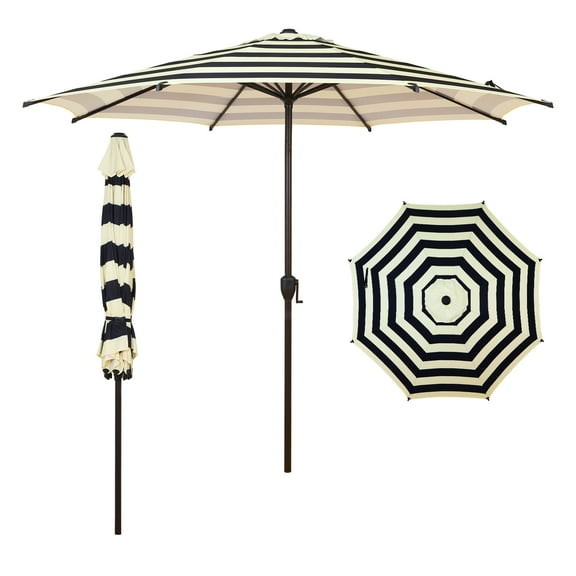 Abba Patio 9ft Outdoor Patio Umbrella, Push Button Tilt and Crank, 8 Ribs, Black & Cream Stripe