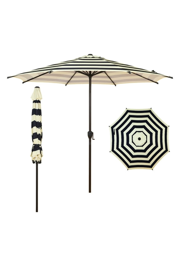 9ft Outdoor Patio Umbrella, Push Button Tilt and Crank, 8 Ribs, Black & Cream Stripe