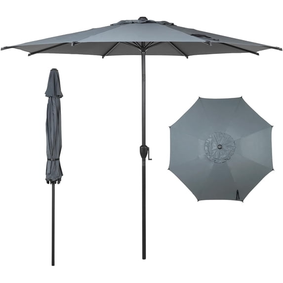 Abba Patio 9ft Outdoor Patio Umbrella w/ Push Button Tilt & Crank, 8 Ribs, Grey