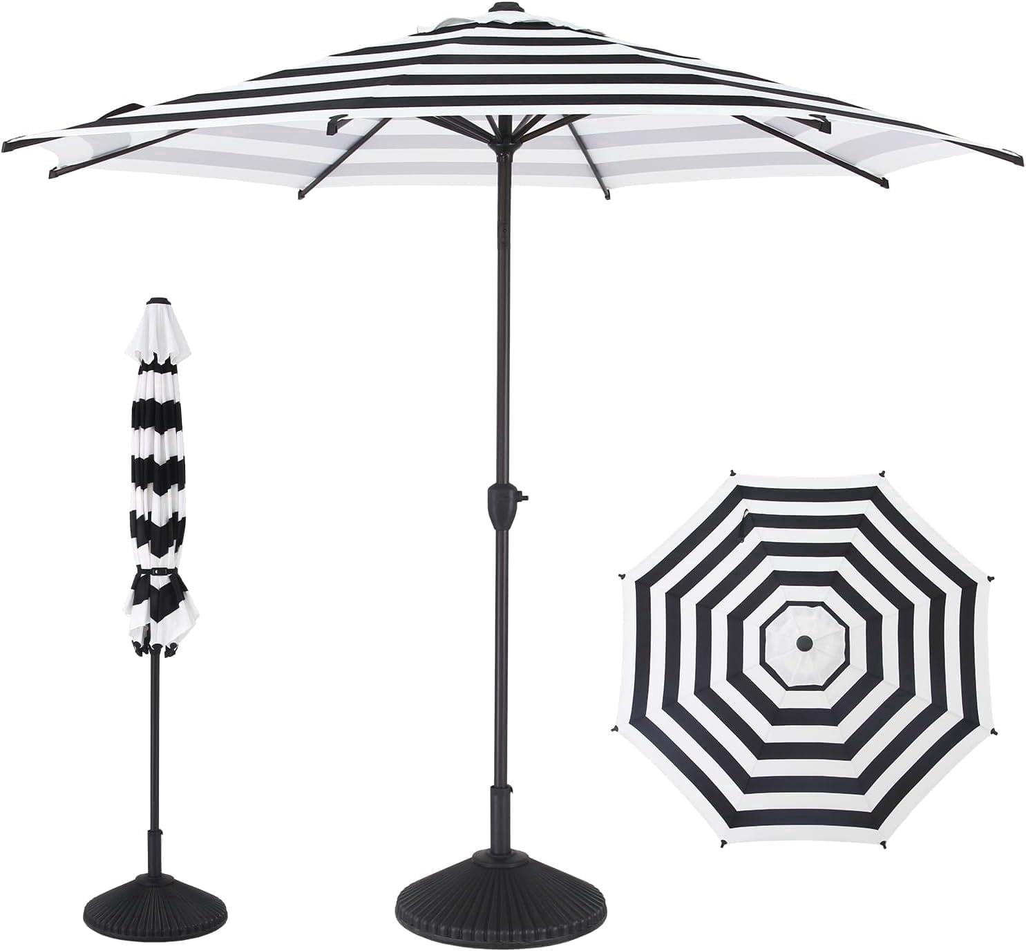 Abba Patio 9ft Outdoor Patio Umbrella w/ Push Button Tilt and Crank, 8 Ribs, Black & White Stripe