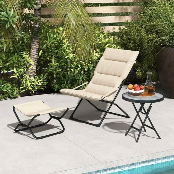 Abba Patio Chaise Lounge Chair, Reclining Folding Camping Chair w/ Footrest & Cushion, Beige