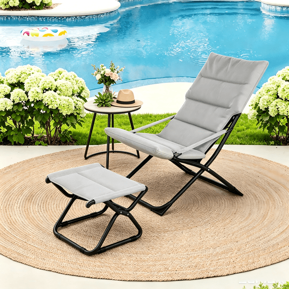 Abba Patio Outdoor Folding Chaise Lounge Chair w/ Footrest & Cushion, 5 Position Adjustable Backrest, Grey