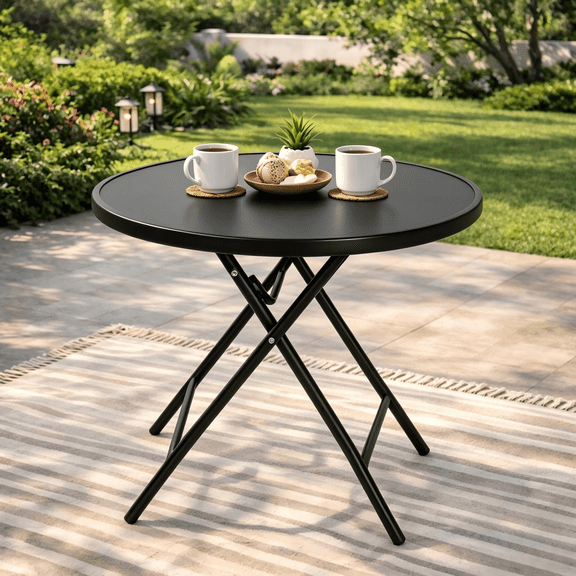 Abba Patio Outdoor Folding Table, Round BistroTable w/ Tempered Glass, Black