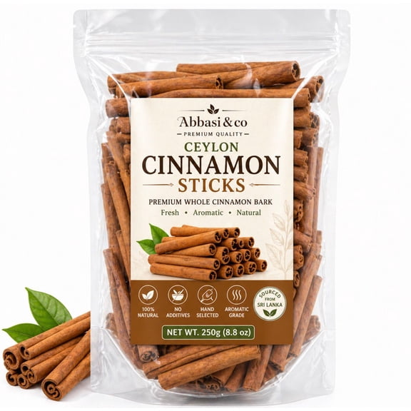 Abbasi & Co Ceylon Cinnamon Sticks, Premium Whole Cinnamon Bark, Fresh Aromatic Natural Spice for Tea, Coffee, Baking & Cooking, Resealable Bag, 8.8 oz