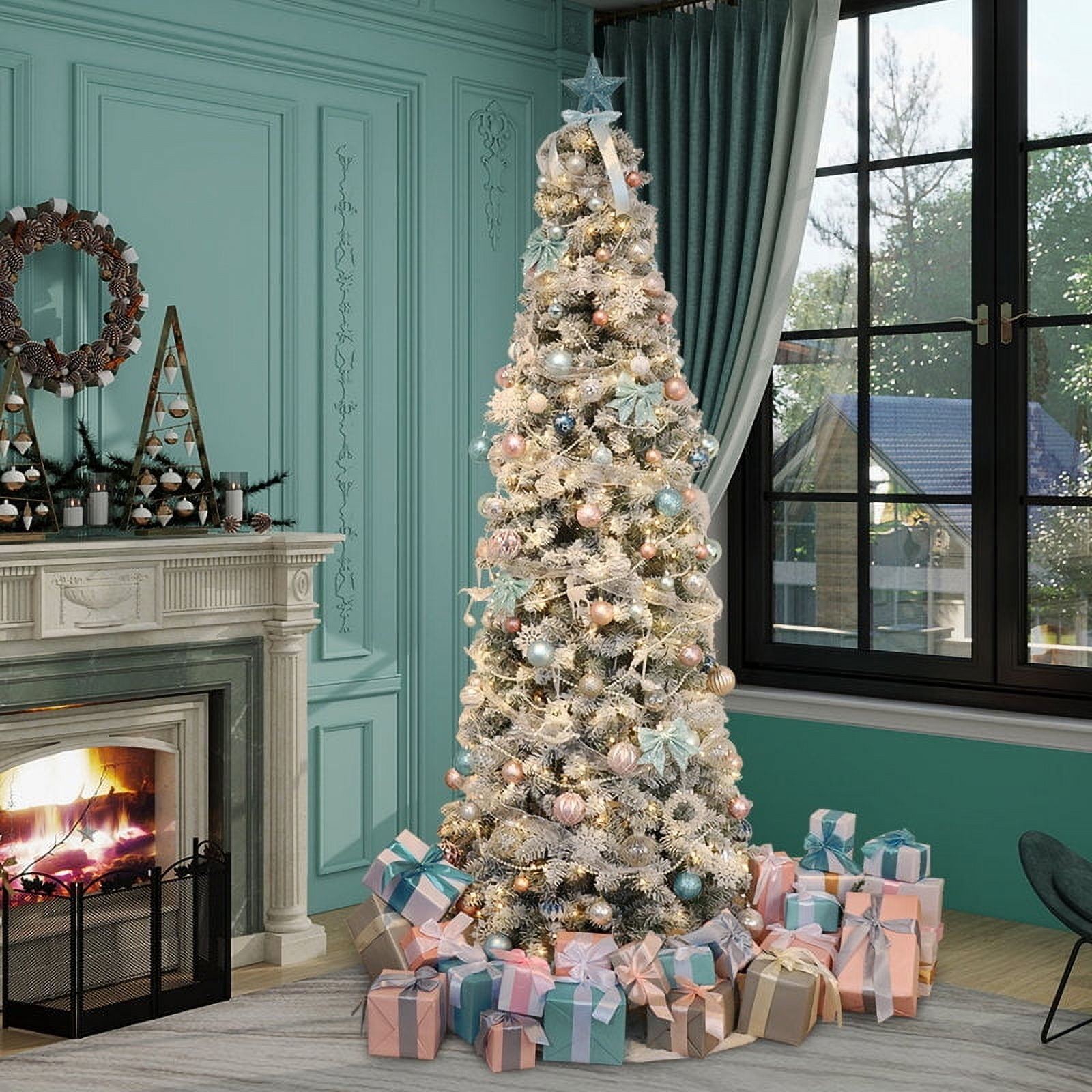 Abble 6FT Snow Flocked Artificial Slim Pencil Christmas Tree with LED Warm White Lights and Metal Stand