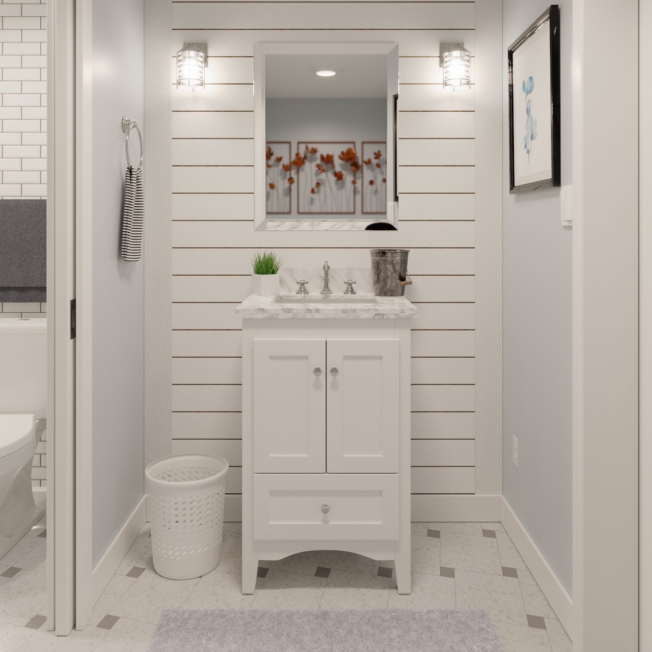 White Shaker 24'' Single Bathroom Vanity with Carrara Marble Top