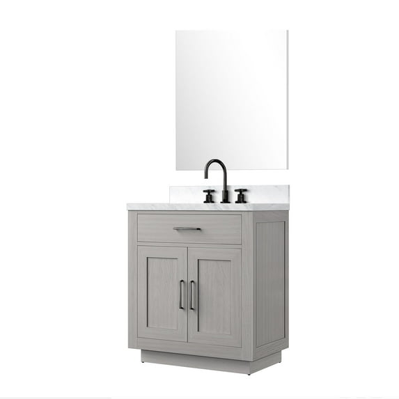 Abbey 30" W White Oak Vanity Carrara Marble Top, 28" Mirror and Faucet Set