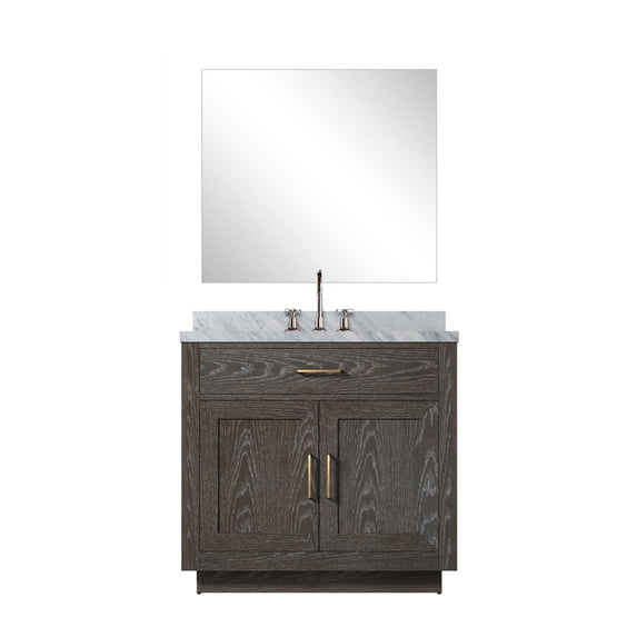 Abbey 36" W Brown Oak Vanity Carrara Marble Top, 34" Mirror and Faucet Set