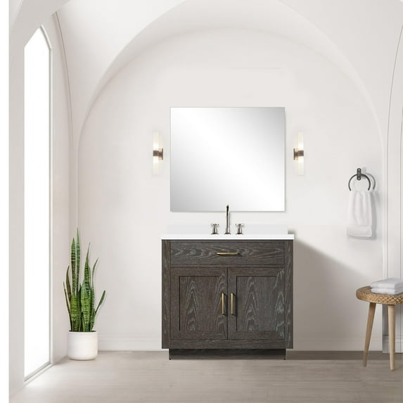 Abbey 36" W Brown Oak Vanity Cultured Marble Top, 34" Mirror and Faucet Set