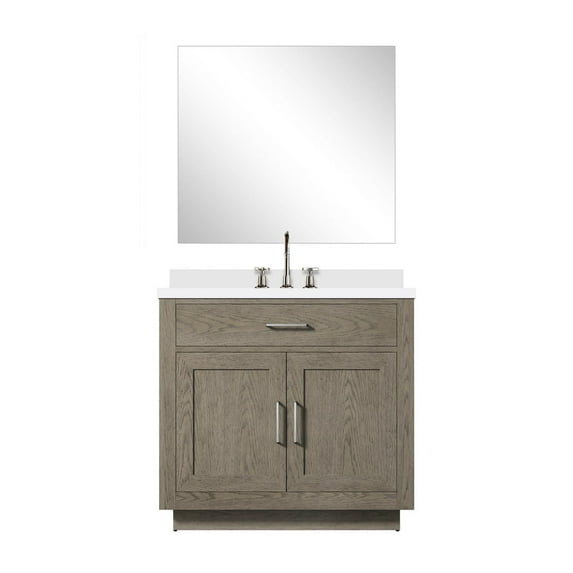 Abbey 36" W Grey Oak Vanity Cultured Marble Top, 34" Mirror and Faucet Set