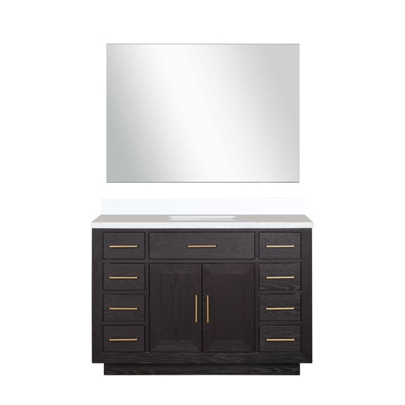 Abbey 36 in W x 22 in D Black Oak Single Bath Vanity White Quartz Countertop, 34 in Mirror and Faucet Set