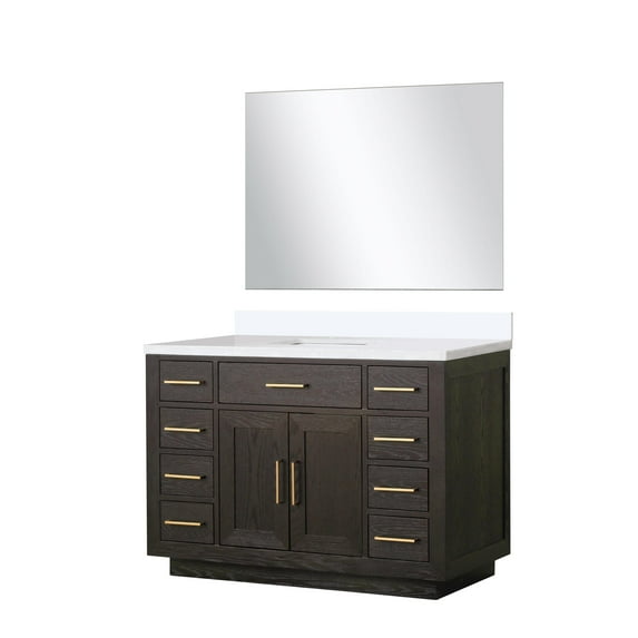 Abbey 48 in W Brown Oak Single Vanity, White Quartz Top and 46 in Mirror