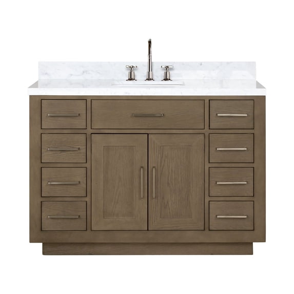 Abbey 48 in W Grey Oak Single Vanity, Carrara Marble Top and Faucet Set