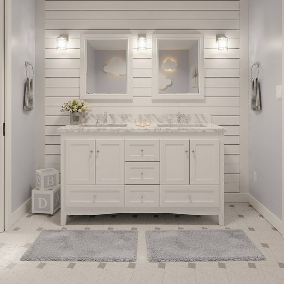 Abbey 60" Double Bathroom Vanity with White Cabinet and Carrara Marble Top