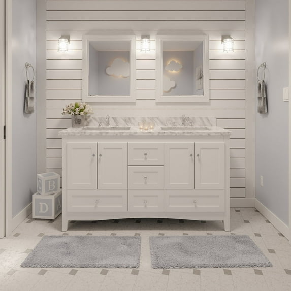 Abbey 60" Double Bathroom Vanity with White Cabinet and Carrara Marble Top