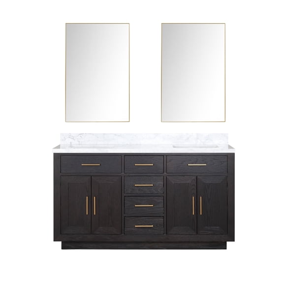 Abbey 60" W Black Oak Double Vanity, Carrara Marble Top and 28" Mirrors