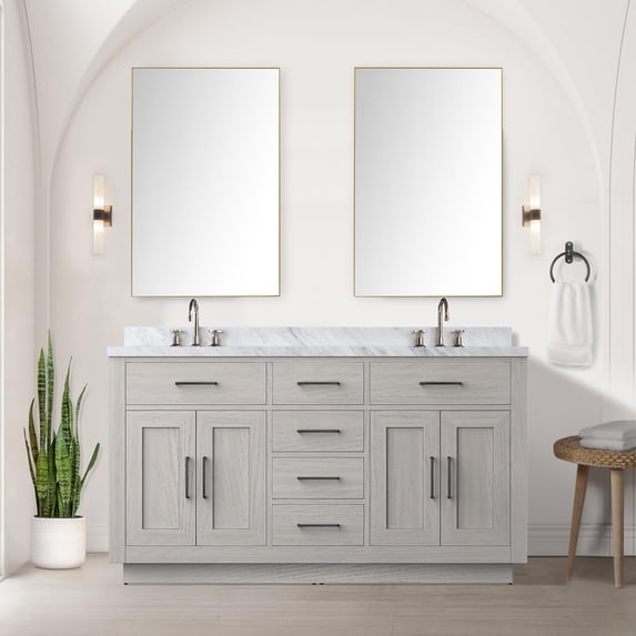 Abbey 60 in W White Oak Double Vanity, Carrara Marble Top and Faucet Set