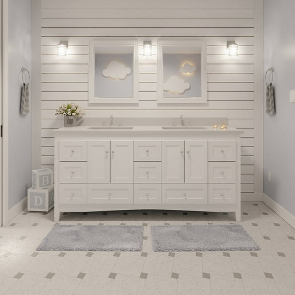 Abbey 72" Double Bathroom Vanity with White Cabinet and Quartz Top