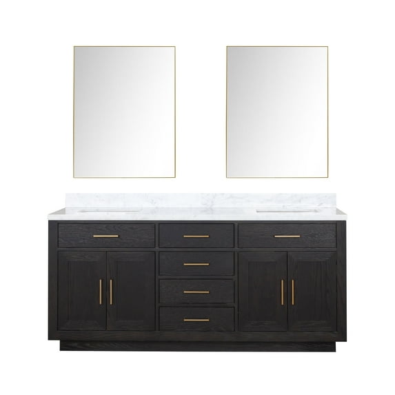 Abbey 72" W Black Oak Double Vanity, Carrara Marble Top and 34" Mirrors
