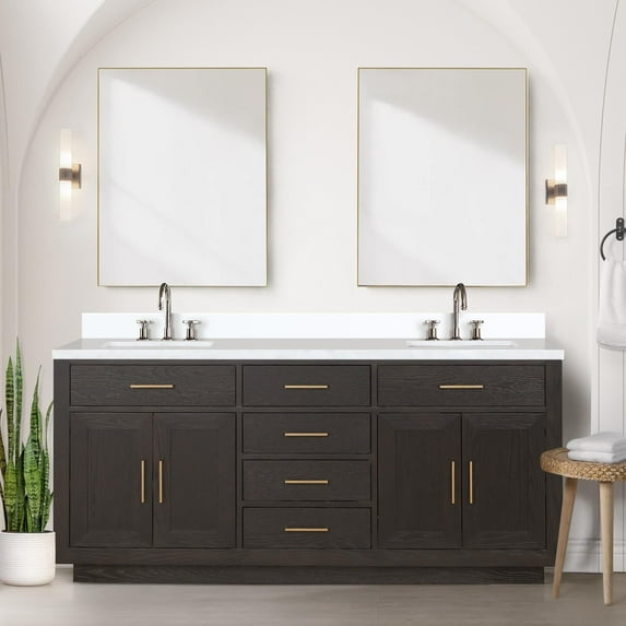 Abbey 72" W Brown Oak Double Vanity, Cultured Marble Top and 34" Mirrors