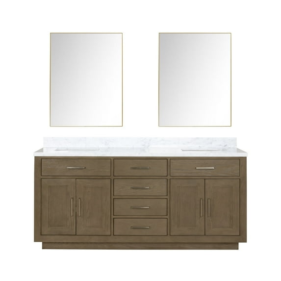 Abbey 72" W Grey Oak Double Vanity, Carrara Marble Top and 34" Mirrors