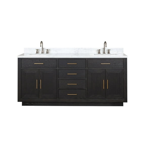 Abbey 72 in W Black Oak Double Vanity, Carrara Marble Top and Faucet Set