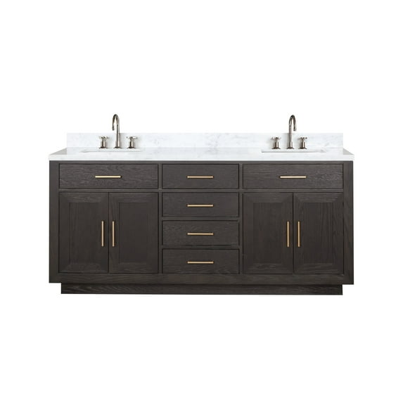 Abbey 72 in W Brown Oak Double Vanity, Carrara Marble Top and Faucet Set