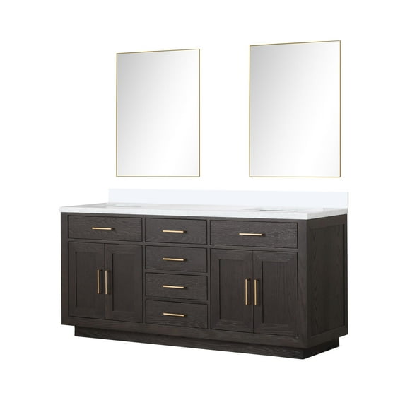 Abbey 72 in W Brown Oak Double Vanity, White Quartz Top and 34 in Mirrors