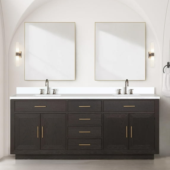 Abbey 80" W Brown Oak Double Vanity, Cultured Marble, Faucet Set and 36" Mirrors