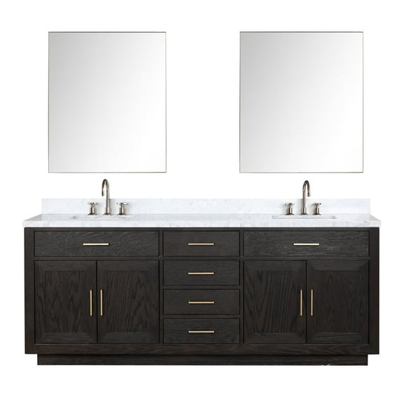 Abbey 84" W Black Oak Double Vanity, Carrara Marble, Faucet and 36" Mirrors