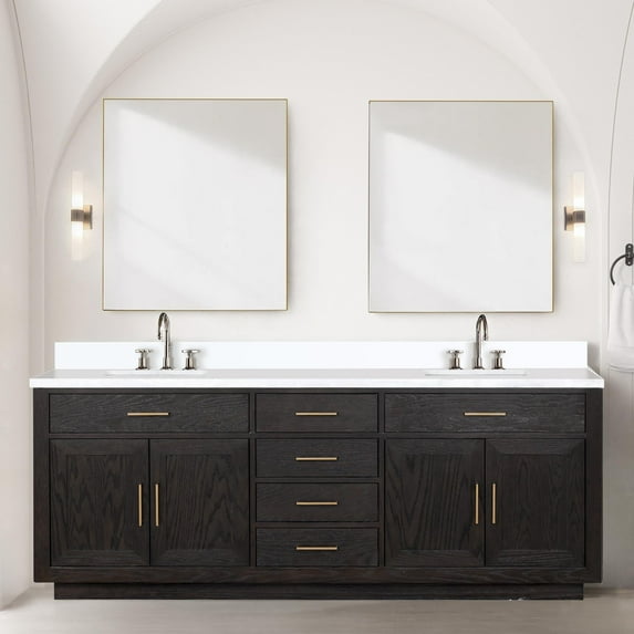 Abbey 84 in W Black Oak Double Vanity, White Quartz Top and 36 in Mirrors