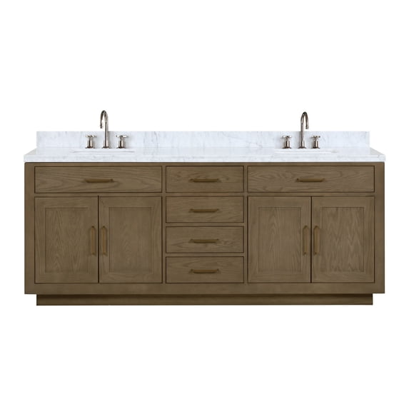 Abbey 84 in W Grey Oak Double Vanity, Carrara Marble Top and Faucet Set