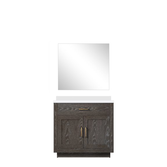 Abbey 84 in W x 22 in D Grey Oak Double Bath Vanity, White Quartz Top, and 36 in Mirrors