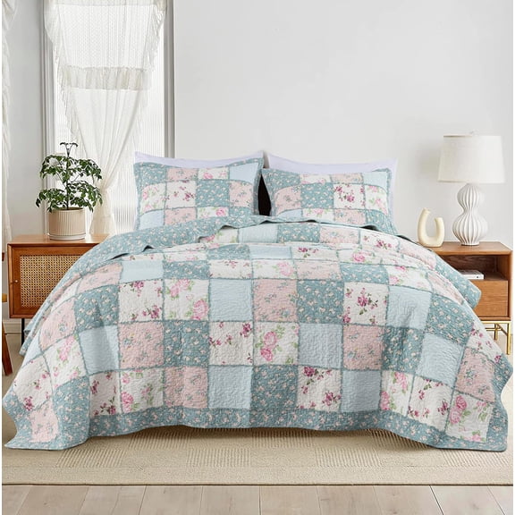 Abbi 2-Piece Shabby Chic Bedding Twin Quilt Set Pre-Washed Cotton Floral Coverlet Bedspread Ruffled Patchwork Quilt Twin Size