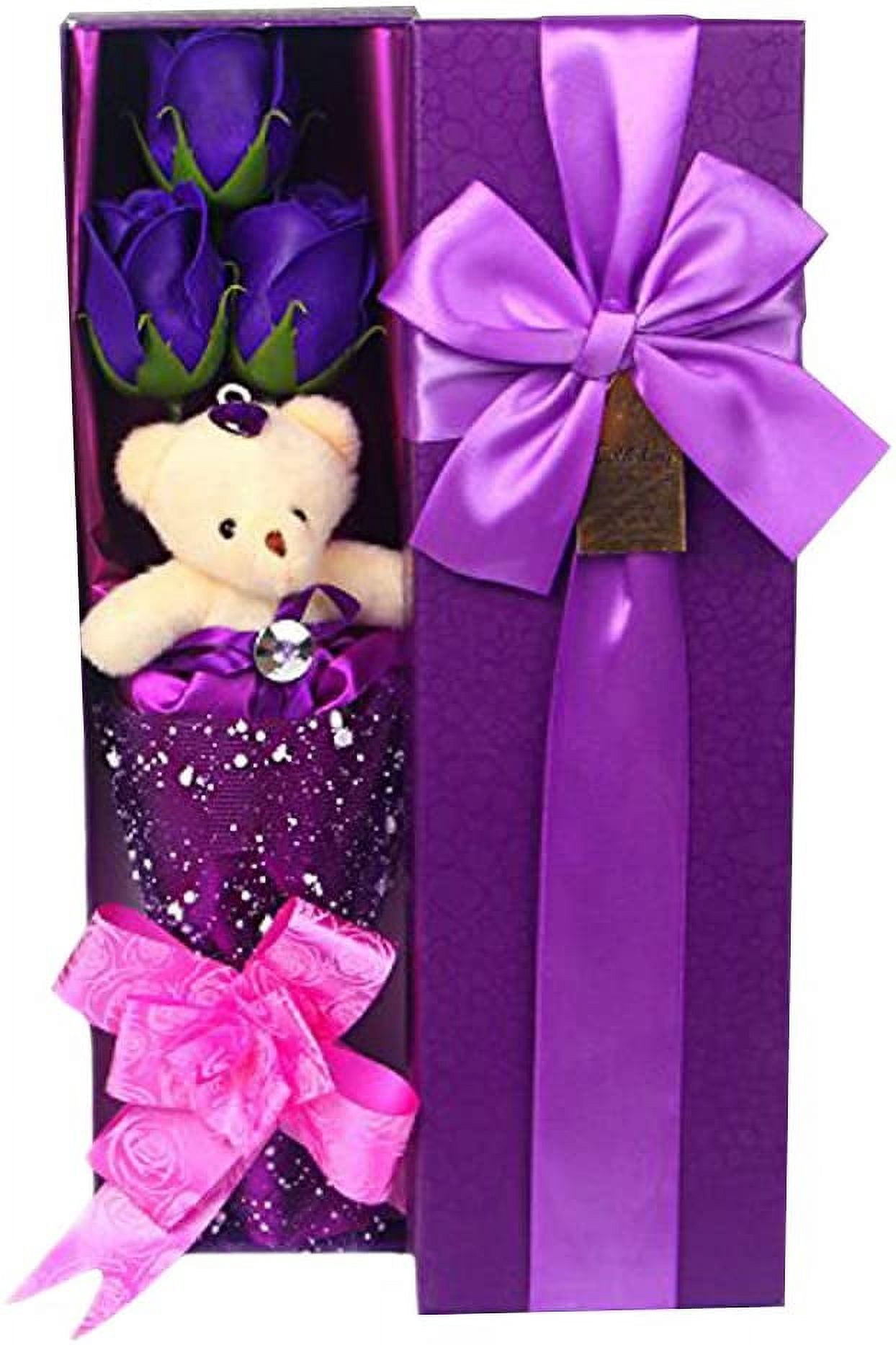 Abbie Home Flower Bouquet 3 Scented Soap Roses Gift Box with Cute Teddy