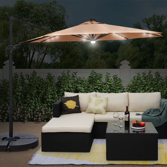 Abble 10 ft. Patio Umbrella 360-Degree Aluminum Rotation Hanging Offset Cantilever Umbrella Solar Lighted Market Umbrella, Tan