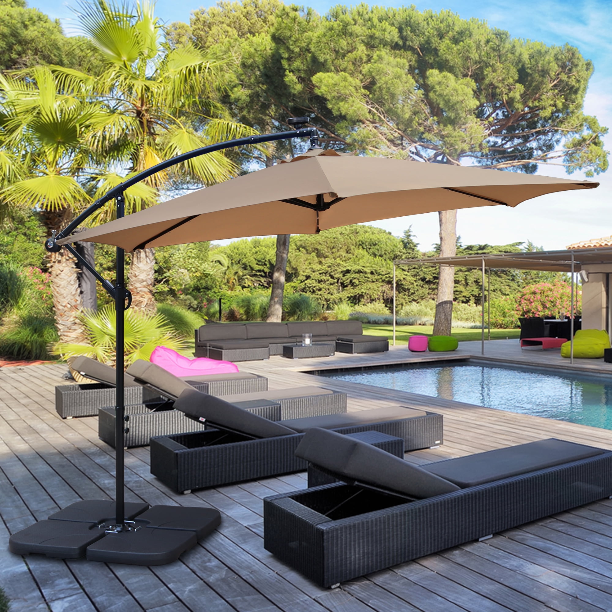 Abble 10 ft. Lighted Tan Solid Round Cantilever Patio Umbrella, Lighted